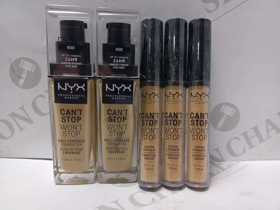 LOT OF 5 NYX PRODUCTS TO INCLUDE 2 X CAN'T STOP WON'T STOP FOUNDATION #NUDE & 3 X CAN'T STOP WON'T STOP CONCEALER #SOFT BEIGE 