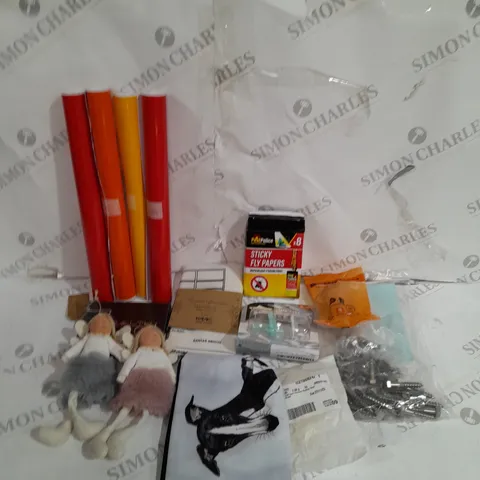 TOTE OF ASSORTED HOUSEHOLD ITEMS TO INCLUDE STICKY FLY PAPERS, ASSORTED SCREWS AND TOMMEE TIPPEE