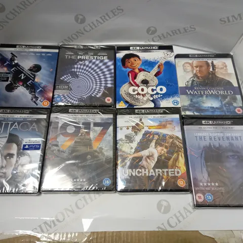 BOX OF 8 SEALED 4K BLU RAY MOVIE DISKS TO INCLUDE UNCHARTED, 1917, THE REVENANT ETC