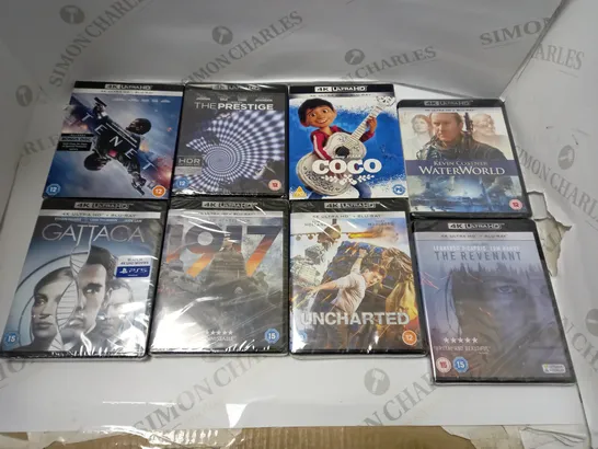 BOX OF 8 SEALED 4K BLU RAY MOVIE DISKS TO INCLUDE UNCHARTED, 1917, THE REVENANT ETC