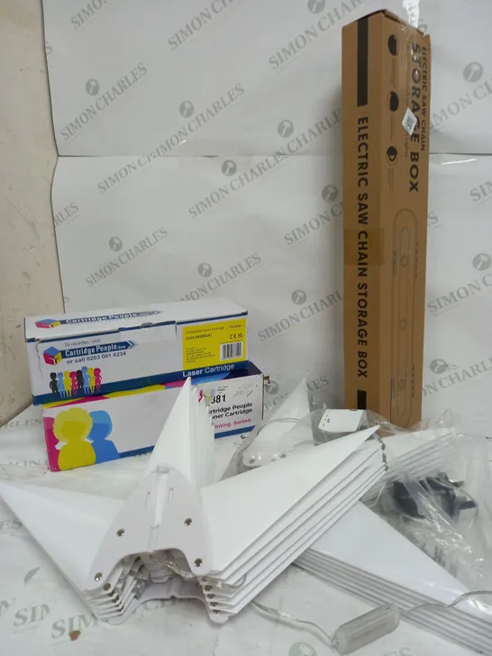 BOX OF APPROXIMATELY 10 ASSORTED ITEMS TO INCLUDE TONER CARTRIDGE, STAR DÉCOR, SAW CHAIN STORAGE BOX ETC