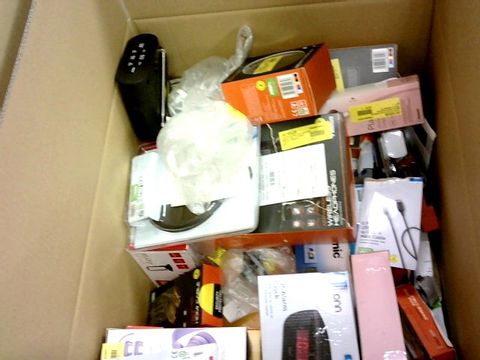 BOX OF ASSORTED ELECTRICAL ITEMS TO  INCLUDE; HEADPHONES, DVD PLAYERS, REMOTE CONTROLS, COMPUTER PERIPHERALS ETC