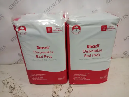 LOT OF 2 READI 25-PACKS OF DISPOSABLE BED PADS - WHITE/BLUE