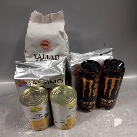 APPROXIMATELY 6 ASSORTED FOOD & DRINK ITEMS TO INCLUDE - MONSTER ENERGY GINGER BEER - TASSIMO CADBURY HOT CHOCOLATE CAPSULES - YALLAH ESPRESSO HOUSE BEANS - ETC - COLLECTION ONLY