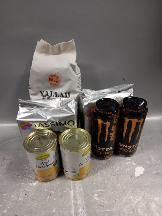 APPROXIMATELY 6 ASSORTED FOOD & DRINK ITEMS TO INCLUDE - MONSTER ENERGY GINGER BEER - TASSIMO CADBURY HOT CHOCOLATE CAPSULES - YALLAH ESPRESSO HOUSE BEANS - ETC - COLLECTION ONLY