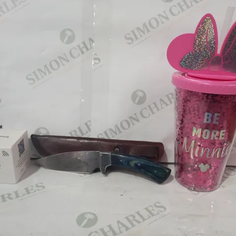 LOT OF APPROXIMATELY 10 ASSORTED HOUSEHOLD ITEMS TO INCLUDE MINNIE MOUSE TRAVEL MUG, DECORATIVE COLLECTIBLE KNIFE, SMART PLUG, ETC