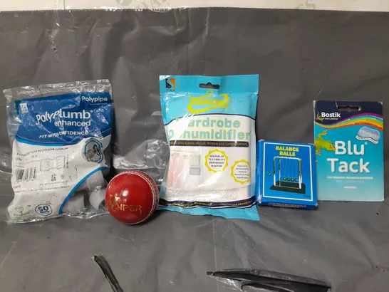 BOX OF APPROXIMATELY 14 ASSORTED ITEMS TO INCLUDE - BOSTIK BLU TACK , BALANCE BALLS , HANGING WARDROBE DEHUMIDIFIER ETC