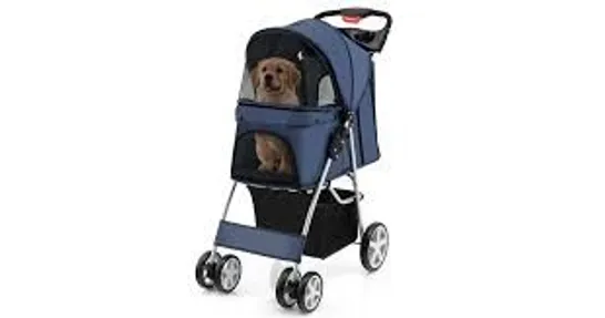 BOXED COSTWAY FOLDABLE 4-WHEEL PET STROLLER WITH STORAGE BASKET - NAVY (1 BOX)