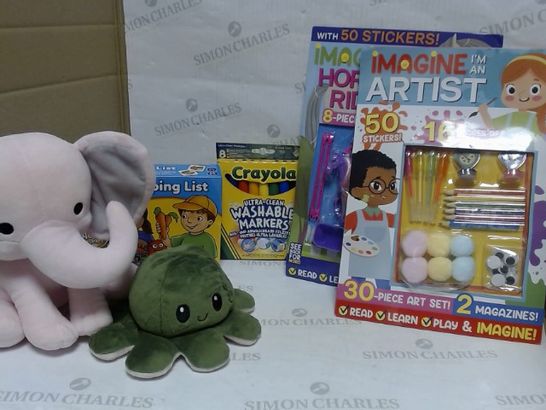 LOT OF APPROXIMATELY 10 ASSORTED TOY & GAME ITEMS, TO INCLUDE IMAGINE ART SETS, REVERSIBLE OCTOPUS, CRAYOLA WASHABLE MARKERS, ETC