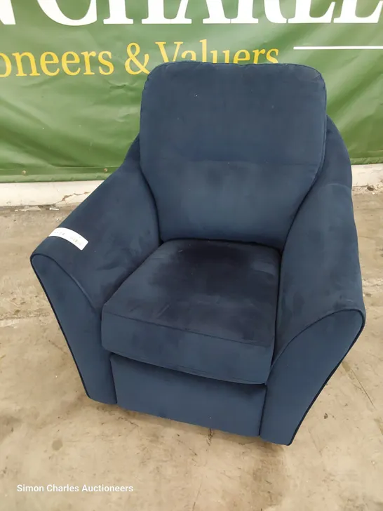 QUALITY BRITISH DESIGNER G PLAN FLINT POWER RECLINING SWIVEL CHAIR PLUSH INDIGO FABRIC 