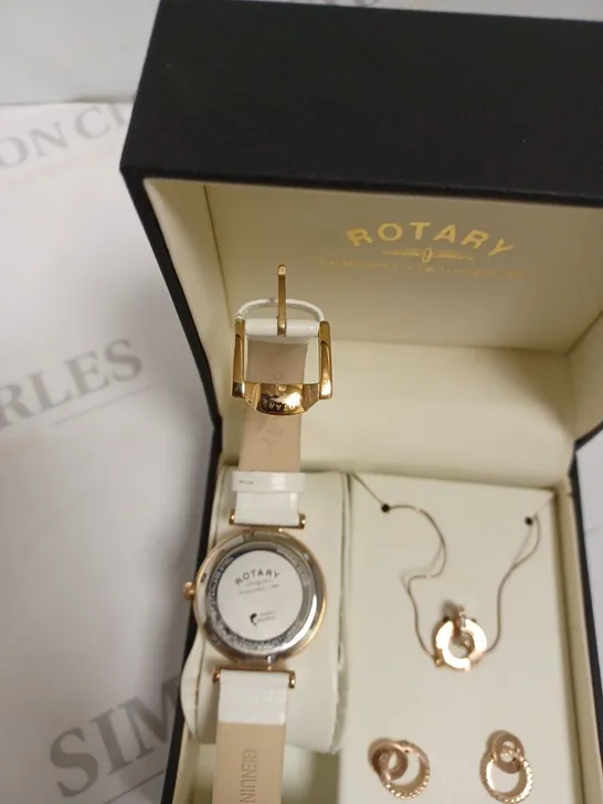 BOXED ROTARY LADIES WHITE & ROSE GOLD DIAL WATCH WITH NECKLACE AND EARRINGS - ROSE GOLD