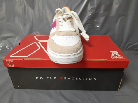 BOXED PAIR OF RIEKER REVOLUTION TRAINERS IN WHITE/PURPLE/SAND/ORANGE W. JEWEL EFFECT SIZE 6