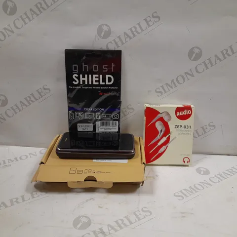 BOX OF APPROXIMATELY 20 ASSORTED PHONE AND TABLET ACCERSSORIES TO INCLUDE GHOST SHIELD SCREEN PROTECTOR, ZEP-031 STEREO INNER EARPHONES, REMAX POWER BANK, ETC