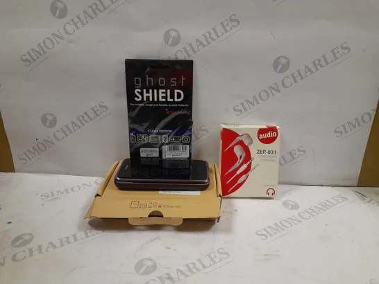 BOX OF APPROXIMATELY 20 ASSORTED PHONE AND TABLET ACCERSSORIES TO INCLUDE GHOST SHIELD SCREEN PROTECTOR, ZEP-031 STEREO INNER EARPHONES, REMAX POWER BANK, ETC