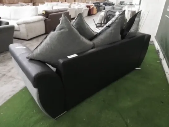 DESIGNER HILTON GREY AND BLACK FABRIC THREE SEATER SOFA ON METAL BAR FEET WITH SCATTER BACK CUSHIONS 