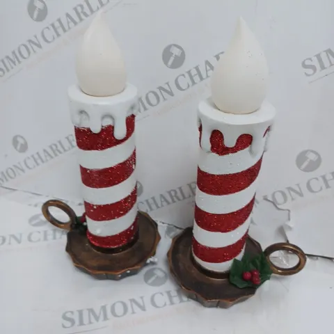 BOXED MR CHRISTMAS SET OF 2 RESIN CHAMBER CANDLE STICKS RED/WHITE