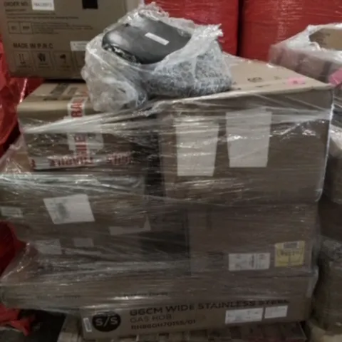PALLET OF ASSORTED HOUSEHOLD ITEMS TO INCLUDE DUMBELL BENCH, 86CM GAS HOB AND DEWINNER