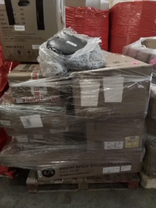 PALLET OF ASSORTED HOUSEHOLD ITEMS TO INCLUDE DUMBELL BENCH, 86CM GAS HOB AND DEWINNER