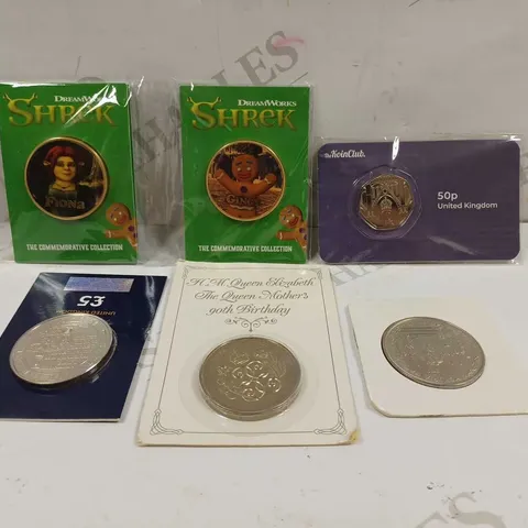 LOT TO CONTAIN 6 X ASSORTED COMMEMORATIVE COINS, FROM THE ROYAL FAMILY TO SHREK