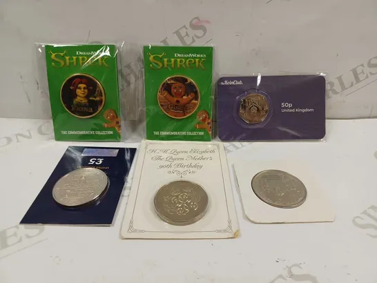 LOT TO CONTAIN 6 X ASSORTED COMMEMORATIVE COINS, FROM THE ROYAL FAMILY TO SHREK