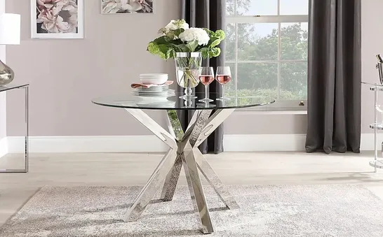 BOXED PLAZA ROUND CHROME AND GLASS 110CM DINING TABLE (2 BOXES)