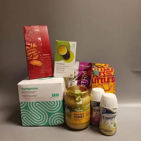 BOX OF APPROX 8 ASSORTED FOOD ITEMS TO INCLUDE - SYMPROVE FOOD SUPPLEMENT - NORDMEL WILD RAW HONEY - BEYOND DIETARY SUPPLEMENT ETC
