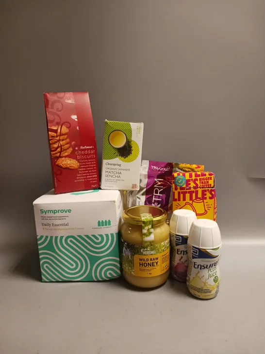 BOX OF APPROX 8 ASSORTED FOOD ITEMS TO INCLUDE - SYMPROVE FOOD SUPPLEMENT - NORDMEL WILD RAW HONEY - BEYOND DIETARY SUPPLEMENT ETC