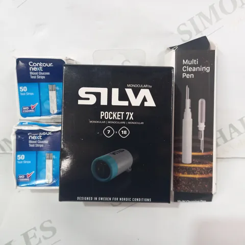 LOT OF APPROXIATELY 10 ASSORTED HOUSEHOLD ITEMS TO INCLUDE SILVA POCKET 7X MONOCULAR, MULTI CLEANING PEN, BLOOD GLUCOSE TEST STRIPS, ETC