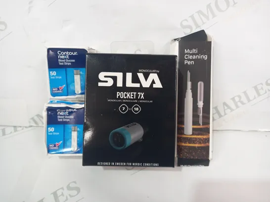 LOT OF APPROXIATELY 10 ASSORTED HOUSEHOLD ITEMS TO INCLUDE SILVA POCKET 7X MONOCULAR, MULTI CLEANING PEN, BLOOD GLUCOSE TEST STRIPS, ETC