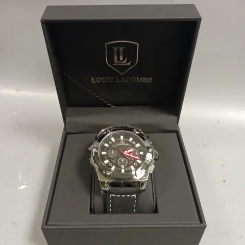 MENS LOUIS LACOMBE CHRONOGRAPH WATCH BLACK DIAL LEATHER STRAP