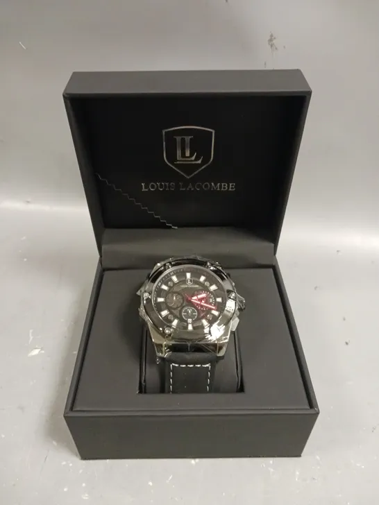 MENS LOUIS LACOMBE CHRONOGRAPH WATCH BLACK DIAL LEATHER STRAP