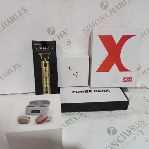 BOX OF 5 PRODUCTS TO INCLUDE VINTAGE T9 TRIMMER, POWER BANK, AIRPORDS ETC