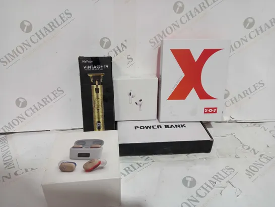 BOX OF 5 PRODUCTS TO INCLUDE VINTAGE T9 TRIMMER, POWER BANK, AIRPORDS ETC