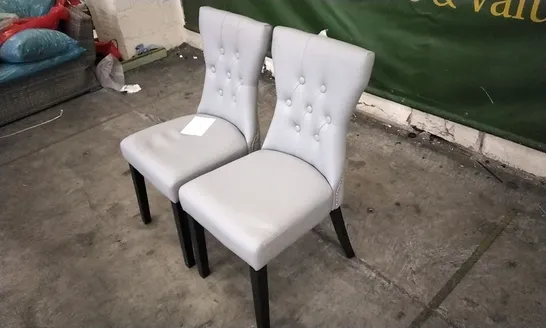 PAIR OF KENSINGTON LIGHT GREY LEATHER BUTTON BACK DINING CHAIRS WITH BLACK LEGS