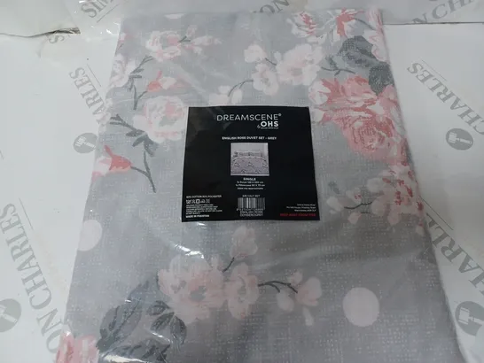 OHS DREAMSCENE ENGLISH ROSE DUVET SET GREY SINGLE