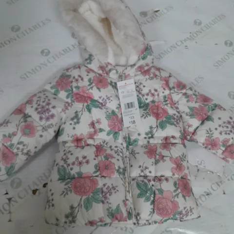 GIRLS FLOAL PATTERN COAT WITH FAUX FUR HOOD SIZE 12-18 MONTHS