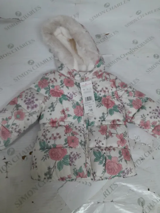 GIRLS FLOAL PATTERN COAT WITH FAUX FUR HOOD SIZE 12-18 MONTHS