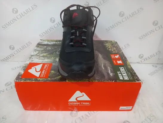 BOXED PAIR OF OZARK TRAIL HIKING BOOTS IN BLACK/RED EU SIZE 45