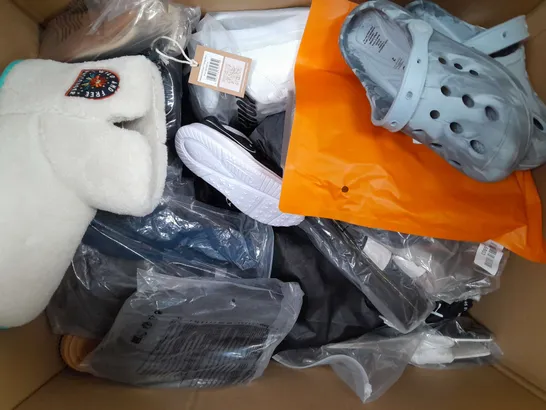 BOX OF APPROXIMATELY 15 ASSORTED PAIRS OF SHOES AND FOOTWEAR ITEMS IN VARIOUS COLOURS, STYLES, AND SIZES 