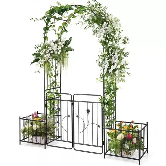 BOXED COSTWAY 87'' WEDDING METAL ARCH ARBOR W/ LOCKABLE GATE 2 SIDE PLANTER & CLIMBING TRELLIS (1 BOX)