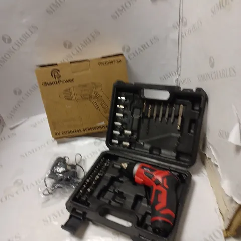 BOXED 4V CORDLESS SCREWDRIVER WITH CASE, MANUAL, CHARGER, 6 SOCKETS AND 28 BITS