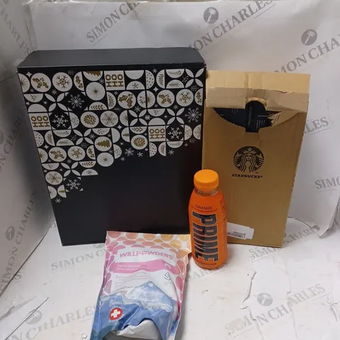 LOT OF ASSORTED FOOD AND DRINK ITEMS TO INCLUDE STARBUCKS, PRIME AND WILLPOWDERS