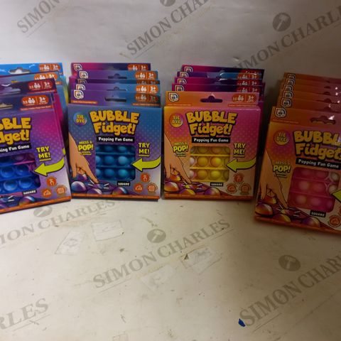 BOX OF APPROX. 20 TIE DYE BUBBLE FIDGET POPPING SQUARES & 3 X 24-PACK BOXES OF POPPING WRISTBANDS