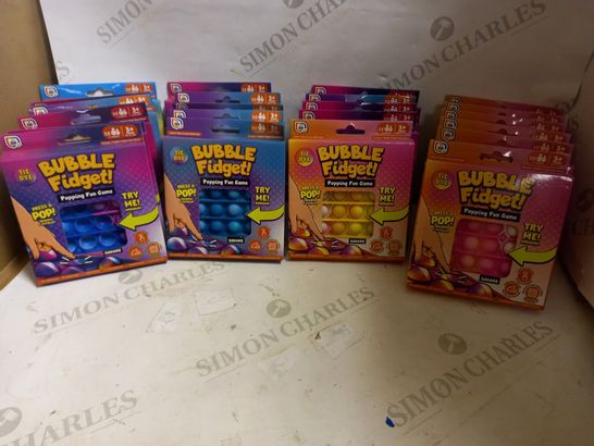BOX OF APPROX. 20 TIE DYE BUBBLE FIDGET POPPING SQUARES & 3 X 24-PACK BOXES OF POPPING WRISTBANDS