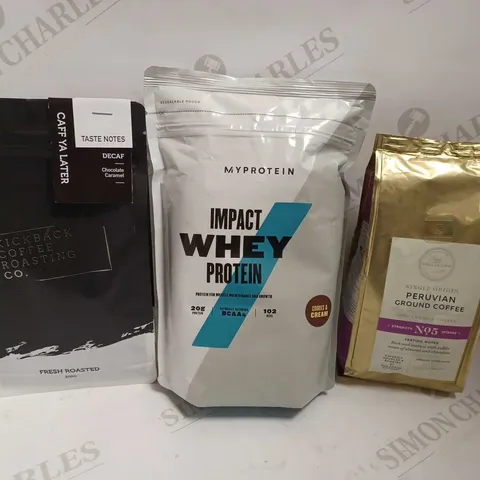 BOX OF APPROX 6 ITEMS TO INCLUDE IMPACT WHEY PROTEIN, KICKBACK COFFEE ROASTING CO COFFEE, M&S COLLECTION PERUVIAN COFFEE