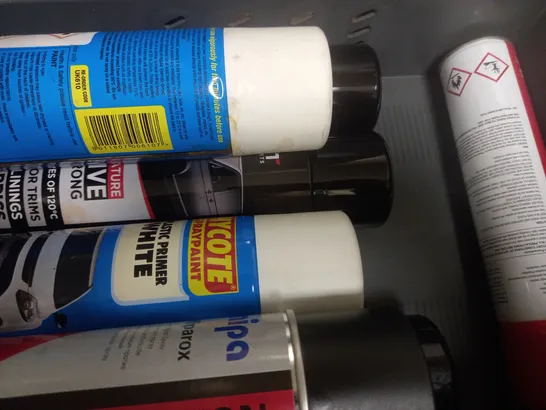 BOX OF APPROX 12 ASSORTED AEROSOLS TO INCLUDE MIDAS SPIDER SPRAY, MODLUX TOUCH UP PAINT, HYCOTE PLASTIC PRIMER WHITE, ETC