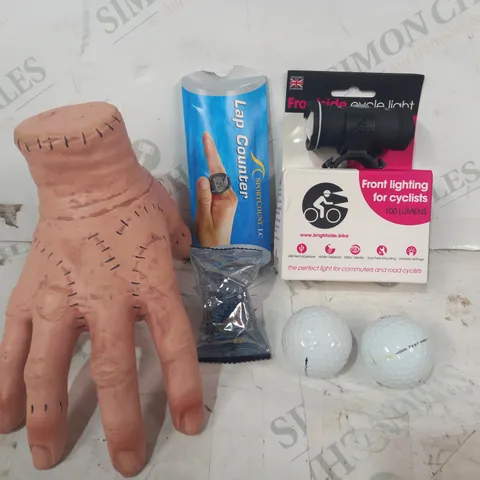 LOT OF APPROXIMATELY 10 ASSORTED HOUSEHOLD ITEMS TO INCLUDE FRONTSIDE CYCLE LIGHT, LAP COUNTER, GOLF BALLS, ETC