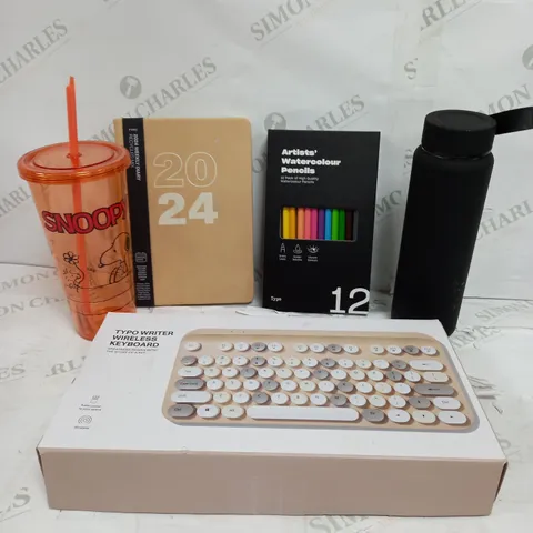 BOX OF APPROXIMATELY 15 ASSORTED ITEMS TO INCLUDE BOTTLE, WIRELESS KEYBOARD, WATERCOLOUR PENCIL ETC