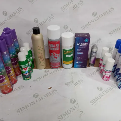 LOT OF APPROX 20 ASSORTED AEROSOLS TO INCLUDE ROOMS SRAY, HAIRSPRAY, BUG REPELLENT ETC