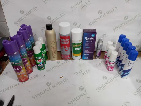 LOT OF APPROX 20 ASSORTED AEROSOLS TO INCLUDE ROOMS SRAY, HAIRSPRAY, BUG REPELLENT ETC